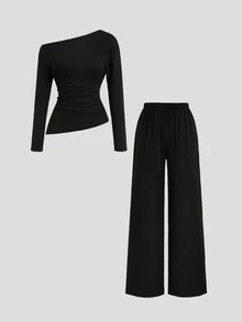 Sweetra New Fashion Versatile Solid Color Asymmetric Shoulder Cinched Waist Long Sleeve Top + Pants 2 Pieces Set, Suitable For Daily Wear And Commuting - Black - View 1