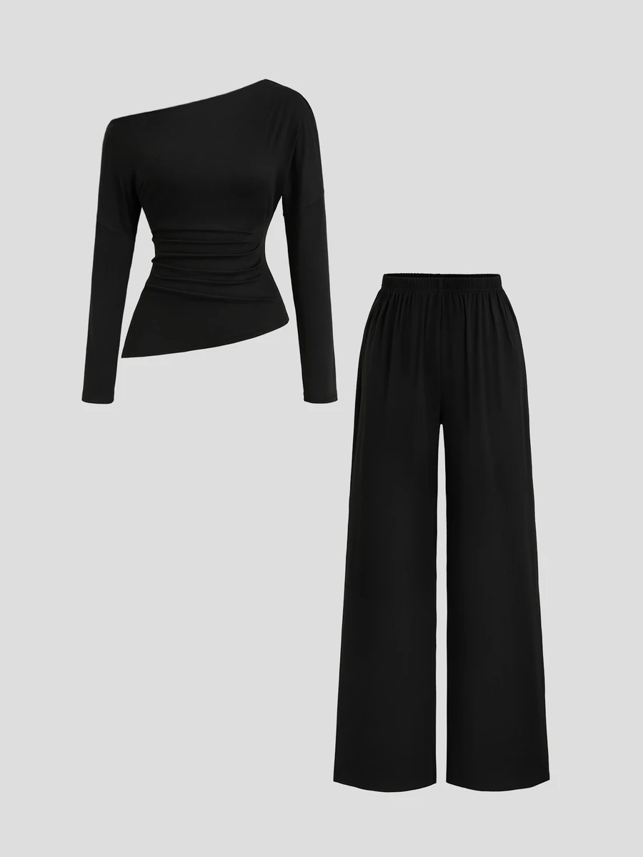 Sweetra New Fashion Versatile Solid Color Asymmetric Shoulder Cinched Waist Long Sleeve Top + Pants 2 Pieces Set, Suitable For Daily Wear And Commuting - Black - View 1