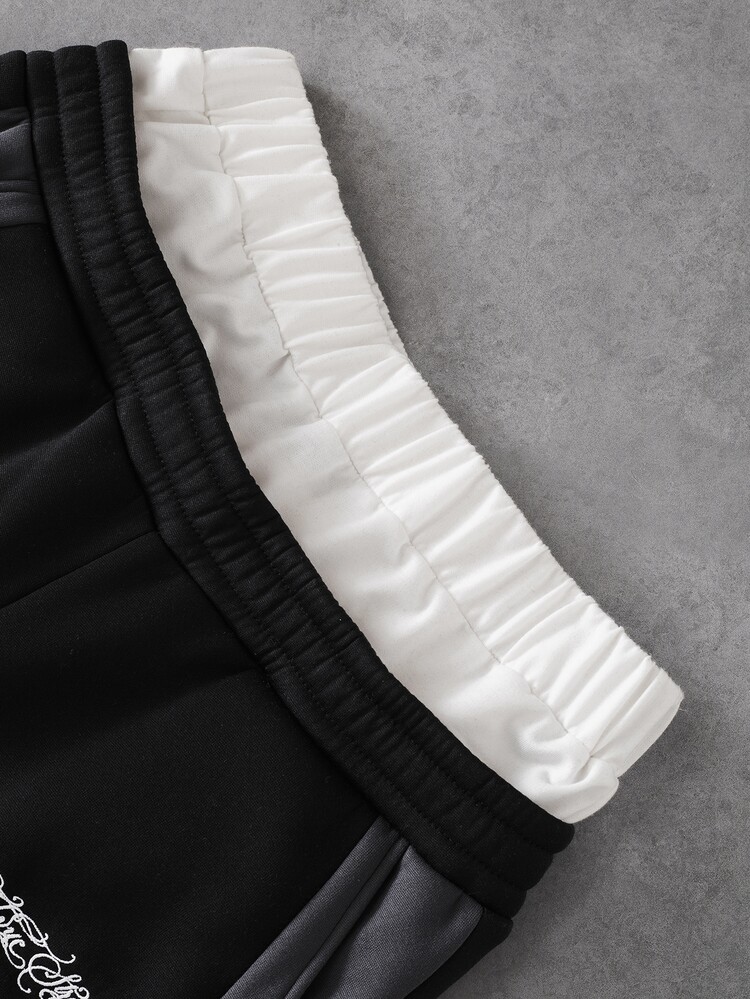 TOKVUE Men's Sweatshirt Hoodie Jacket And Double Waistband Loose Pants Set, Hoodie Features Double Zipper And Double Layer Hood Design, Black And Gray Color Block, Letter Embroidery Craft; Pants Feature Double Layer Elastic Waist Design, Patchwork Embroidery Craft, Loose Fit, American Street Casual Set, Suitable For Outings, Commuting, Street Photography, Home, Travel, Daily Wear - Multicolor - View 7