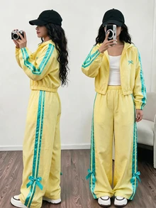 SHEIN 青少年女孩3件套休閒套裝，寬鬆針織極簡風，秋季配色拼接黃色套裝，拉鍊連帽衫、白色背心、寬腿運動長褲、蝴蝶結條紋 - 黃色 - 查看 1