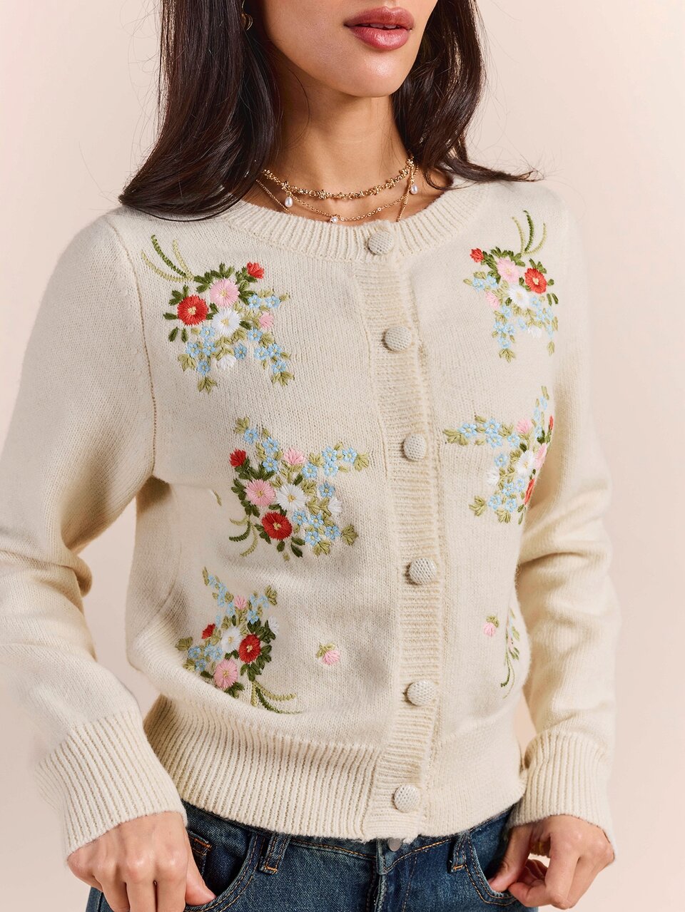 Enchnt Premium Pre-Fall Romantic Women's Elegant Vintage Apricot Embroidered Wool Sweater Cardigan,Casual Tops,Festival Outfits,Work Outfits,Going Out