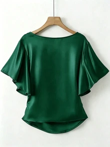 SHEIN 優雅亮面緞面短袖襯衫，荷葉邊袖口與V領設計，休閒襯衫，適合晚餐約會與辦公室，深綠色，夏季 - 綠色 - 查看 2