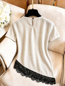 Franclia Women's Round Neck Short Sleeve Contrast Lace Asymmetric Hem Casual T-Shirt - Apricot - View 2
