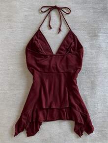 IslaSuriya 女士系领褶皱休闲百搭日常上衣 - 酒紅色 - 查看 2