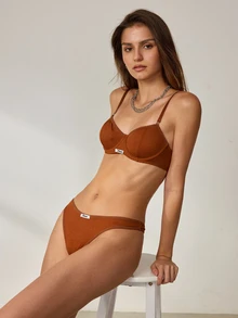 Lowkey Lull 2件組 有鋼圈 1/2罩杯 聚攏胸型 極簡舒適 高彈性 高支撐 女款內衣套裝 - 棕色 - 查看 6