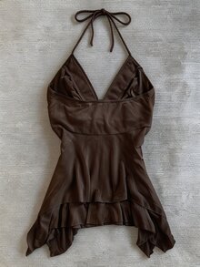 IslaSuriya 女款復古波希米亞風 70 年代度假風刺繡掛脖綁帶背心，不對稱下擺，棕色與金色，夏季度假穿搭 - 摩卡棕 - 查看 2