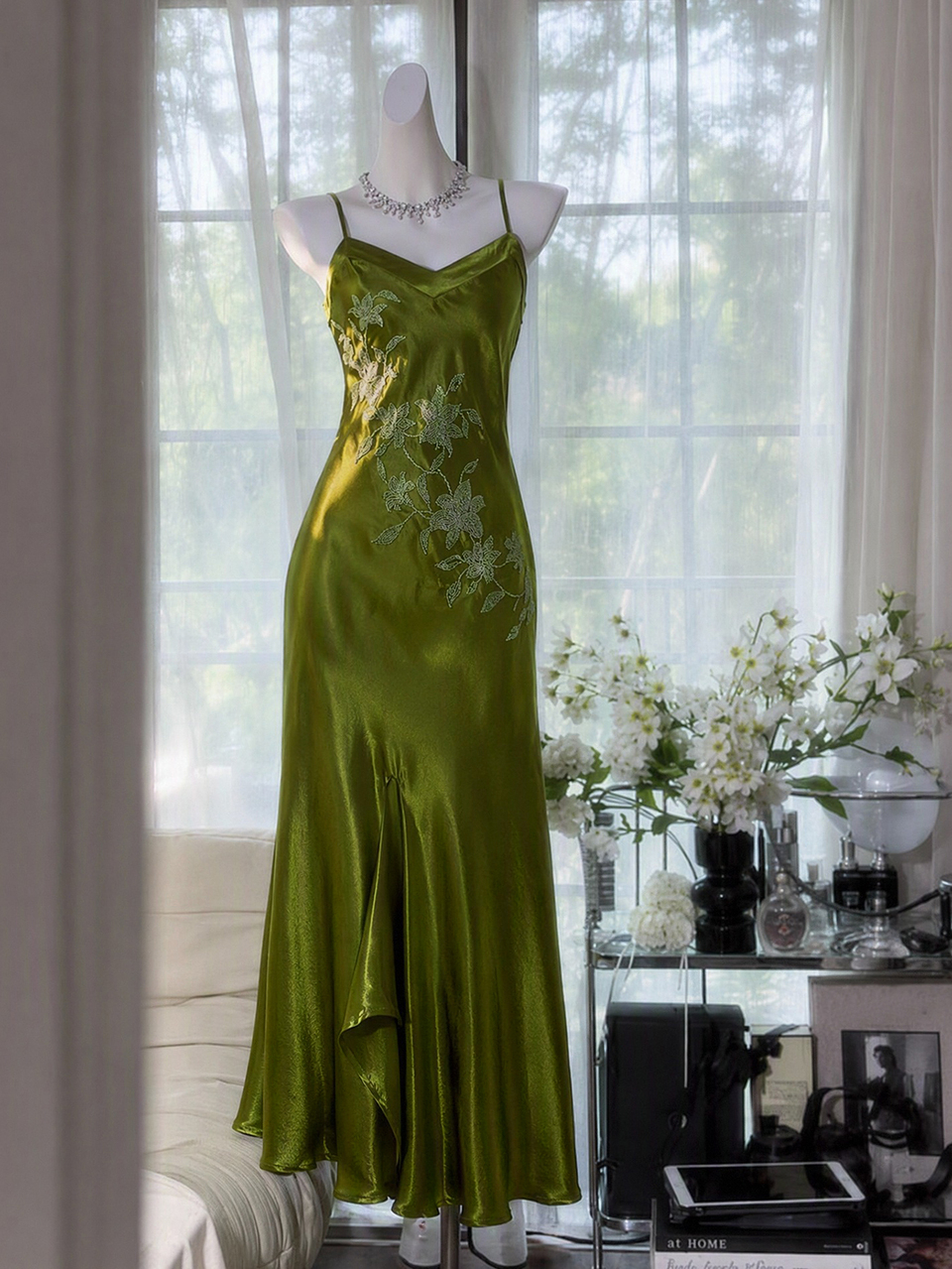 Enchnt Premium Summer Romantic Women's Elegant Green Vintage Sequin Bead Embroidered Slimming Dress,Luxury Evening Wedding Dress,Party Dress,New Year