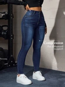 Flexra 女款夏季休閒優雅修身高腰藍色彈性牛仔褲，顯身材，適合日常穿著與外出 - 深色水洗藍 - 查看 8