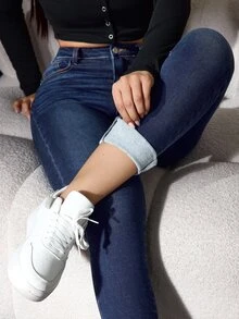 Flexra 女款夏季休閒優雅修身高腰藍色彈性牛仔褲，顯身材，適合日常穿著與外出 - 深色水洗藍 - 查看 4