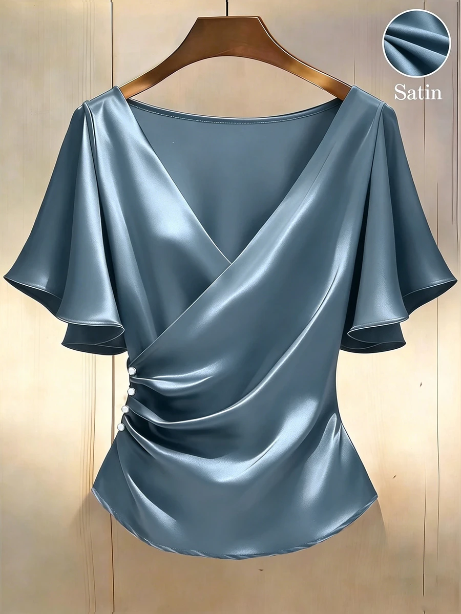 Franclia Blus Lengan Pendek Satin Mengkilap Elegan dengan Lengan Berkerut dan Leher V, Kemeja Kasual - Biru - View 1