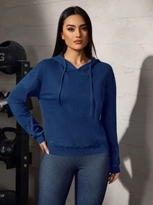 Flexra Women's Casual Loose Commute Sports Hooded Pullover Drawstring Denim Top - Dark Wash - View 8
