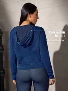 Flexra Women's Casual Loose Commute Sports Hooded Pullover Drawstring Denim Top - Dark Wash - View 2