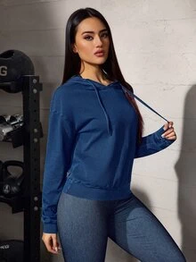 Flexra Women's Casual Loose Commute Sports Hooded Pullover Drawstring Denim Top - Dark Wash - View 9