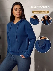 Flexra Women's Casual Loose Commute Sports Hooded Pullover Drawstring Denim Top - Dark Wash - View 1