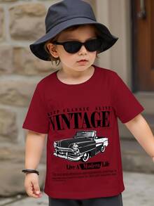 Vintage Racing Car Cartoon Print Casual Crew Neck Short Sleeve Top For Baby Boy, Suitable For Summer - Burgundy - View 5