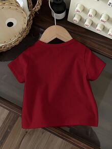 Vintage Racing Car Cartoon Print Casual Crew Neck Short Sleeve Top For Baby Boy, Suitable For Summer - Burgundy - View 2