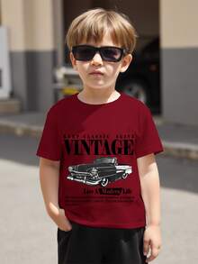 Vintage Racing Car Cartoon Print Casual Crew Neck Short Sleeve Top For Baby Boy, Suitable For Summer - Burgundy - View 3