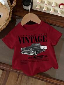 Vintage Racing Car Cartoon Print Casual Crew Neck Short Sleeve Top For Baby Boy, Suitable For Summer - Burgundy - View 1