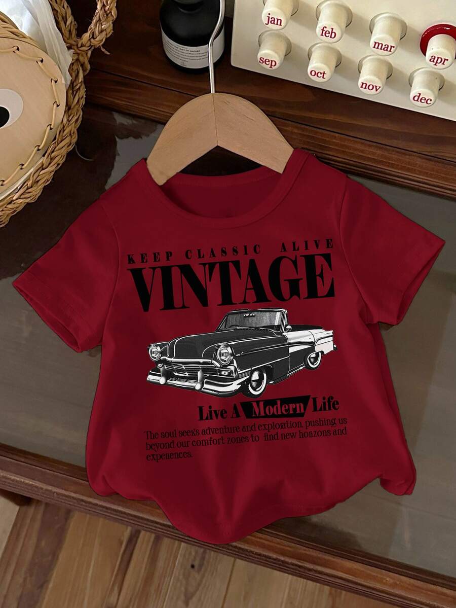 Vintage Racing Car Cartoon Print Casual Crew Neck Short Sleeve Top For Baby Boy, Suitable For Summer - Burgundy - View 1