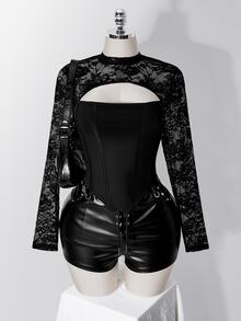 SHEIN ICON 女款大尺碼復古性感千禧風Y2K都市現代前衛大膽時尚個性蕾絲拼接鏤空黑色T恤秋季 - 黑色 - 查看 1