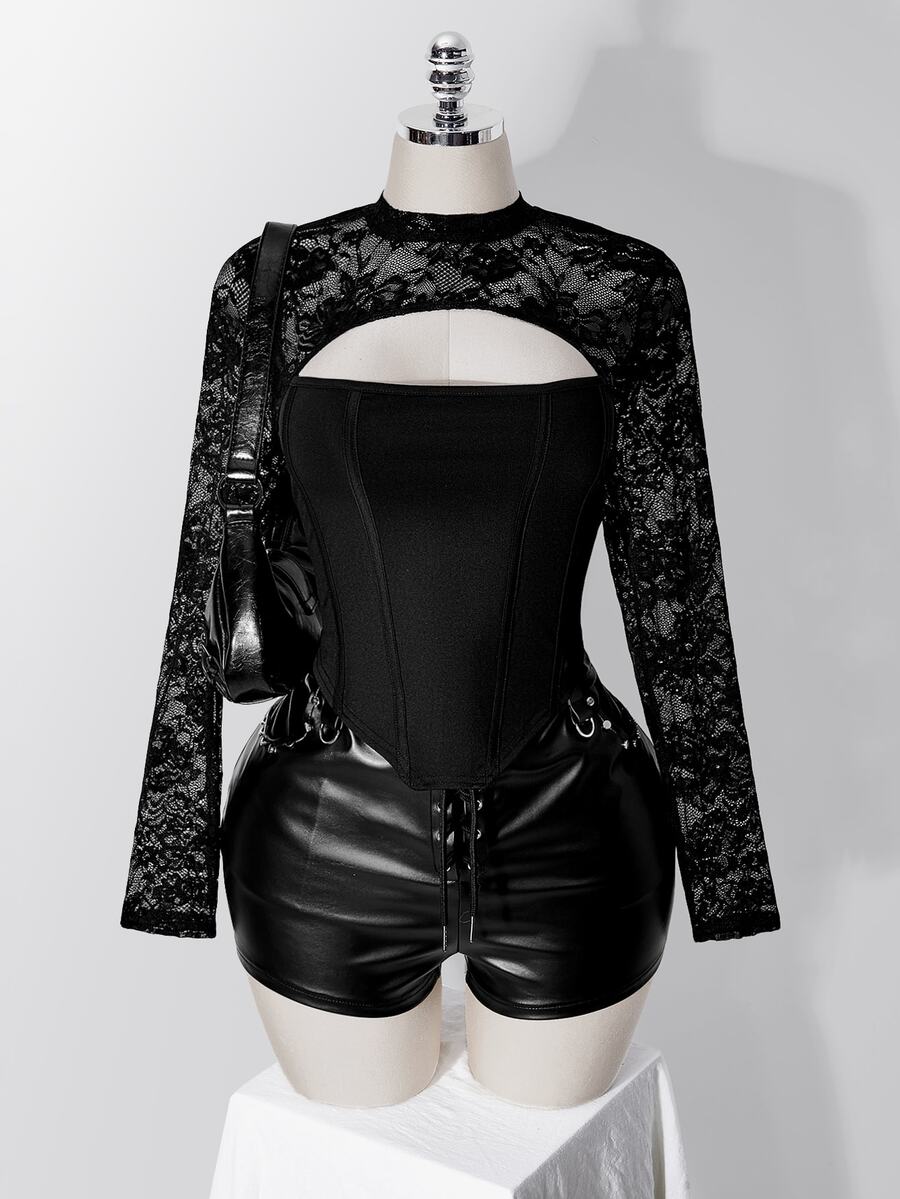 SHEIN ICON 女款大尺碼復古性感千禧風Y2K都市現代前衛大膽時尚個性蕾絲拼接鏤空黑色T恤秋季 - 黑色 - 查看 1