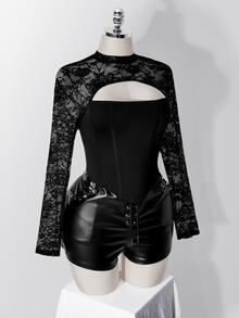 SHEIN ICON 女款大尺碼復古性感千禧風Y2K都市現代前衛大膽時尚個性蕾絲拼接鏤空黑色T恤秋季 - 黑色 - 查看 7