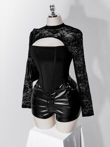 SHEIN ICON 女款大尺碼復古性感千禧風Y2K都市現代前衛大膽時尚個性蕾絲拼接鏤空黑色T恤秋季 - 黑色 - 查看 4