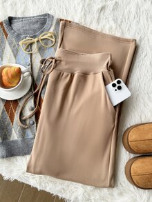 Comfortcana Plus Size Women's Casual Thermal Lined Long Sweatpants, Autumn/Winter - Light Grey - View 3