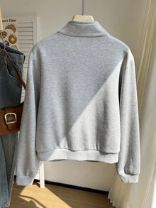 Comfortcana Plus Size Vintage Collegiate Stand Collar Napoleon Zipper Sweatshirt - Light Grey - View 2