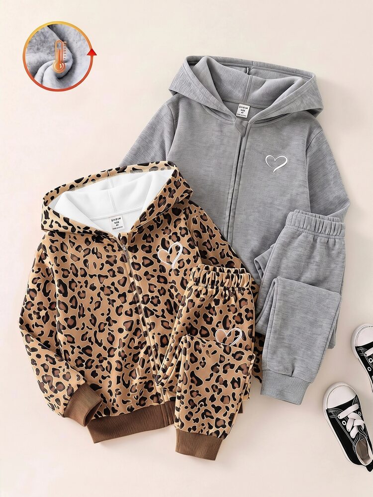 Young Girl The Cheapest Young Girl 2 st/set, flickors lös avslappnad sweatshirt med huva, semesterstil, casual, bekväm och mångsidig för vinter och höst, rosa leopard och svart - Multifärgad - Visa 1
