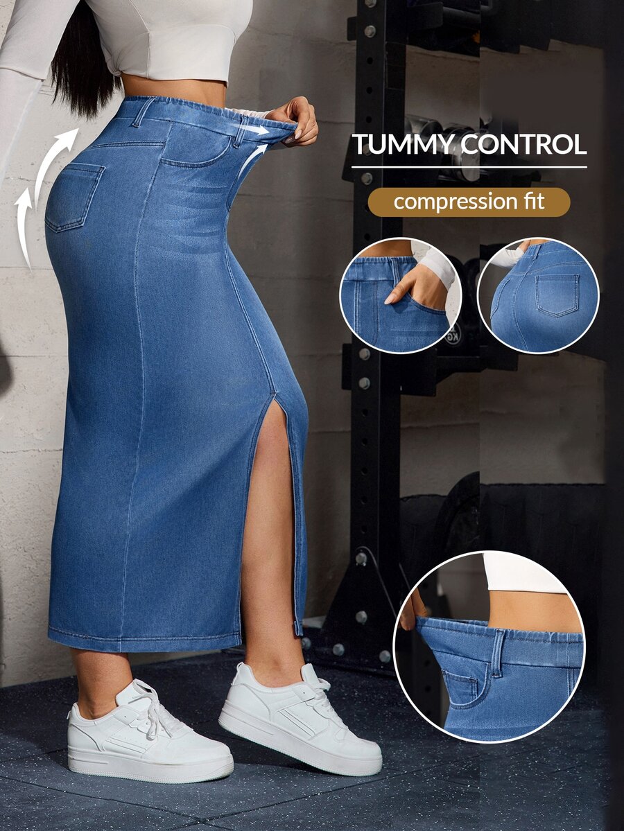 Flexra Women's Casual Washed Slit Slim Fit Denim Skirt - Blue - View 1