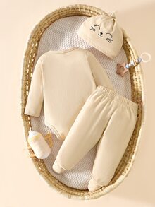 SHEIN 3件組新生兒嬰兒貓臉印花長袖連身衣褲與帽子米色秋季棉質中性套裝 - 杏色 - 查看 4