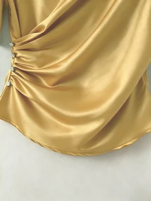 Franclia 優雅亮面緞面短袖襯衫，荷葉邊袖口與V領設計，休閒襯衫，適合晚餐派對，金色，夏季 - 黃色 - 查看 4