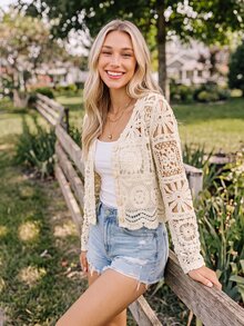 Coeurva Women's Boho Lace Knit Cropped Cardigan For Vacation, Hollow Floral Pattern Long Sleeve Button Down Sun Protection Beach Outfits For Woman,Vacation - Khaki - View 1