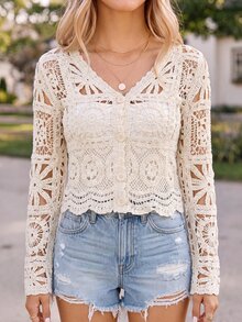 Coeurva Women's Boho Lace Knit Cropped Cardigan For Vacation, Hollow Floral Pattern Long Sleeve Button Down Sun Protection Beach Outfits For Woman,Vacation - Khaki - View 3