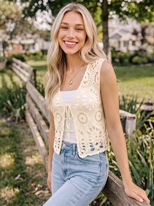 Coeurva Women's Solid Color Hollow Out Casual Versatile Daily Wear Cardigan, Crochet Vest, Hollow Floral Waistcoat, Openwork Knit Cardigan Vest, Fall - Apricot - View 3