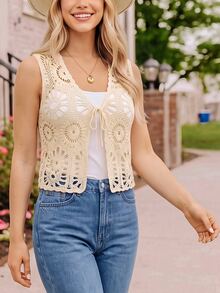 Coeurva Women's Solid Color Hollow Out Casual Versatile Daily Wear Cardigan, Crochet Vest, Hollow Floral Waistcoat, Openwork Knit Cardigan Vest, Fall - Apricot - View 4