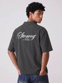 NORVETH Men's Letter Print Plaid Casual Short Sleeve Shirt For Daily Wear - Black - View 2