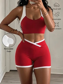 BamGleam Women's Colorblock Cropped Top And Shorts Casual Sporty Athletic Daily Sports Set Gym Workout Red And White Striped Summer - Multicolor - View 1