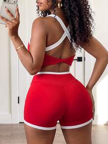 BamGleam Women's Colorblock Cropped Top And Shorts Casual Sporty Athletic Daily Sports Set Gym Workout Red And White Striped Summer - Multicolor - View 2