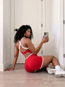 BamGleam Women's Colorblock Cropped Top And Shorts Casual Sporty Athletic Daily Sports Set Gym Workout Red And White Striped Summer - Multicolor - View 6