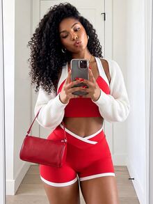 BamGleam Women's Colorblock Cropped Top And Shorts Casual Sporty Athletic Daily Sports Set Gym Workout Red And White Striped Summer - Multicolor - View 5