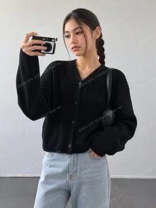 SHEIN 青少年女孩長袖V領燈籠袖極簡百搭針織開襟衫，秋冬度假風，可搭配牛仔褲 - 黑色 - 查看 7