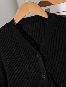 SHEIN 青少年女孩長袖V領燈籠袖極簡百搭針織開襟衫，秋冬度假風，可搭配牛仔褲 - 黑色 - 查看 6