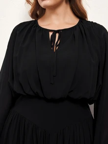 Maija Plus Size Women Solid Color Collar Lantern Sleeve Elegant Dress - Black - View 3