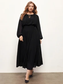 Maija Plus Size Women Solid Color Collar Lantern Sleeve Elegant Dress - Black - View 4