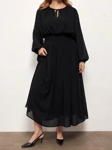 Maija Plus Size Women Solid Color Collar Lantern Sleeve Elegant Dress - Black - View 8