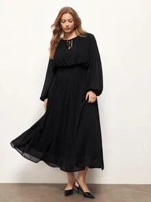 Maija Plus Size Women Solid Color Collar Lantern Sleeve Elegant Dress - Black - View 7