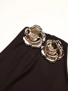 SHEIN Tween Girl Brown Asymmetric Neck Elegant Metal Flower Decor Dress - Brown - View 6