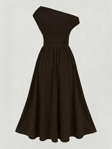 SHEIN Tween Girl Brown Asymmetric Neck Elegant Metal Flower Decor Dress - Brown - View 2